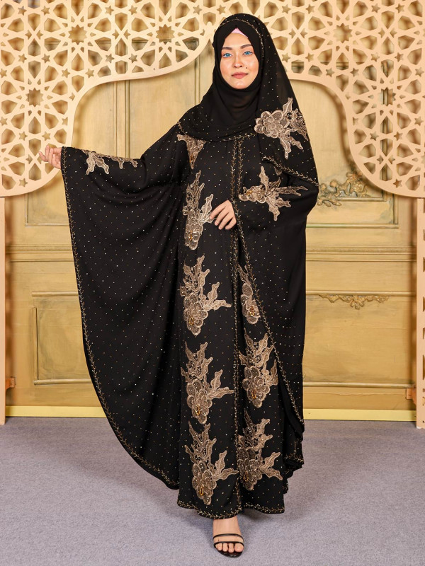 Black Koti Abaya With Embroidery & Stone Work